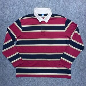 Old Navy Rugby Shirt Mens XL Burgundy Black Tan Stripe Long Sleeve Collar
